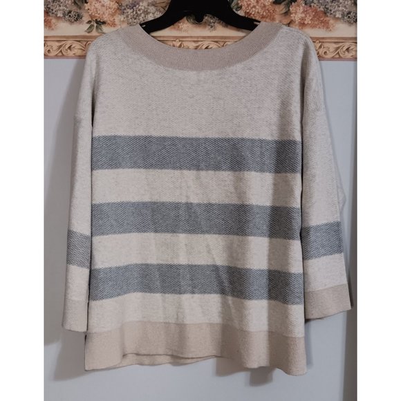 Kinross Cashmere Medium Boho Minimalist Classic Strip Beige Grey Pullover Sweate - Picture 5 of 5